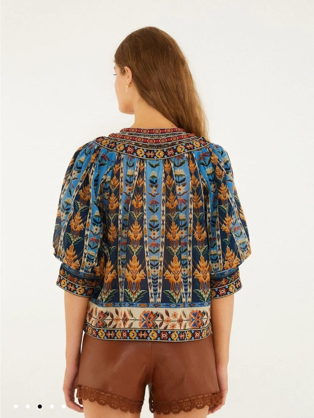 NWT Blue Embroidered Tapestry Tassels Puff Sleeve Blouse - Picture 3 of 3
